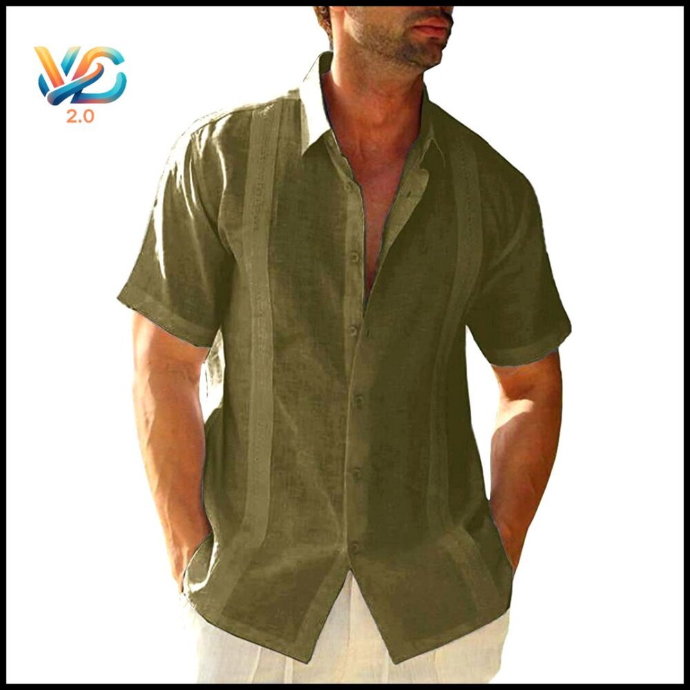 Linen Cotton Blend Guayabera Shirt Short‎ Sleeve Casual Beach Cuban Camp